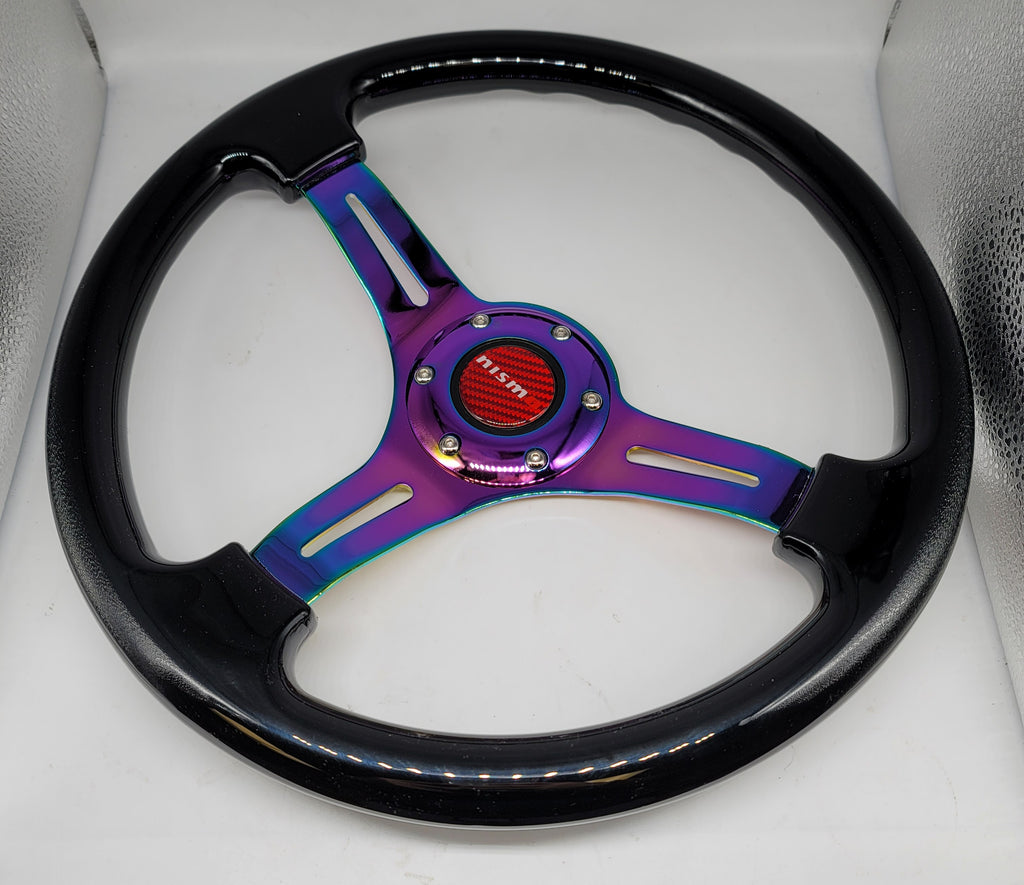 Brand New 350mm 14" Universal JDM Nismo Logo Deep Dish ABS Racing Steering Wheel Black With Neo-Chrome Spoke