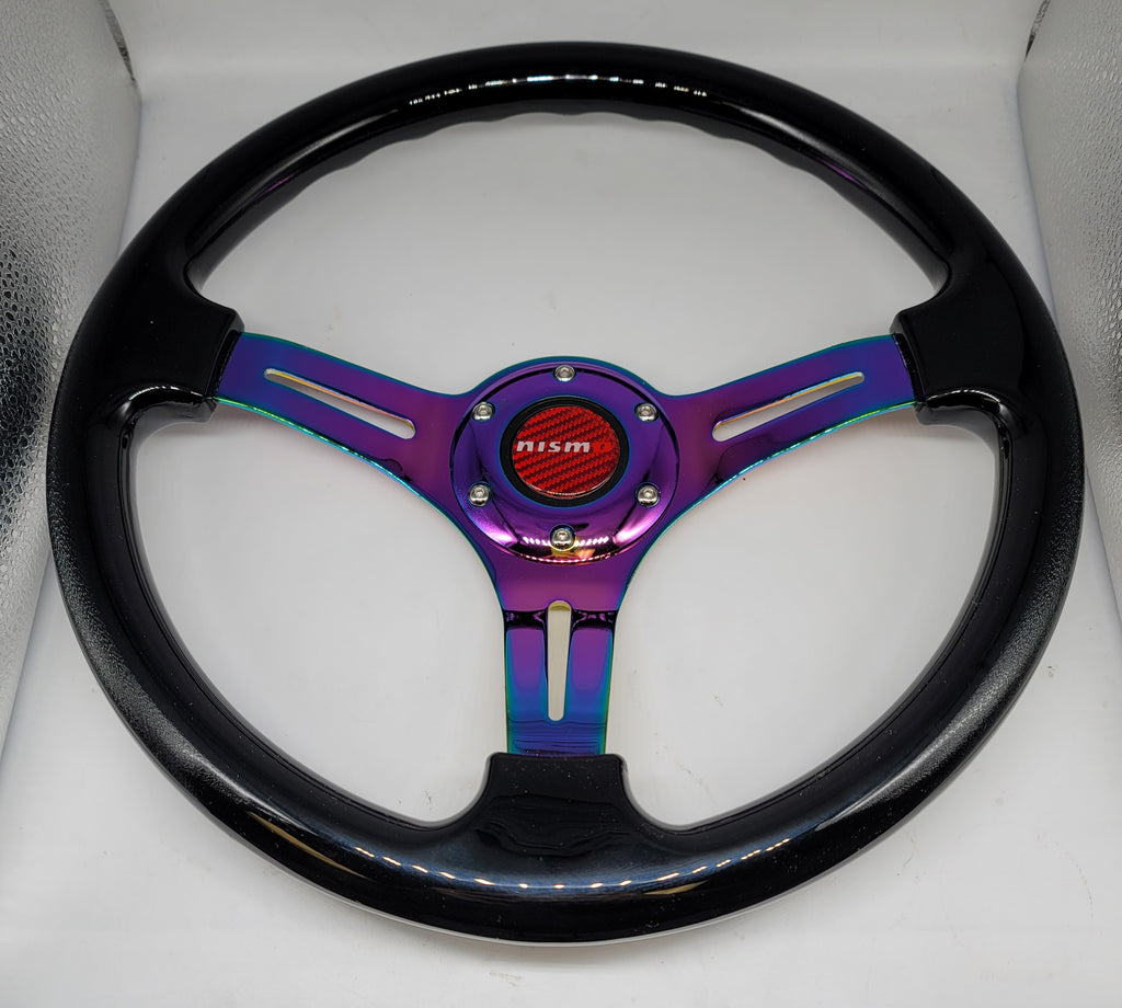 Brand New 350mm 14" Universal JDM Nismo Logo Deep Dish ABS Racing Steering Wheel Black With Neo-Chrome Spoke