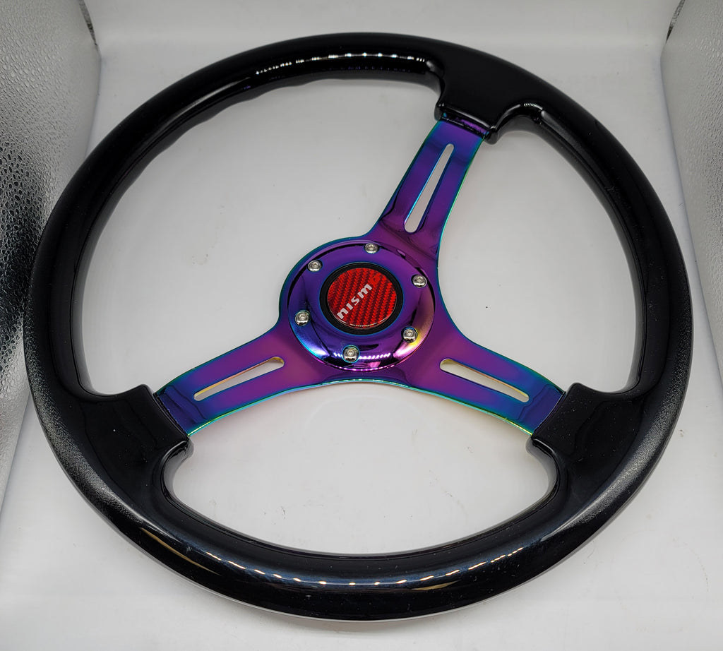 Brand New 350mm 14" Universal JDM Nismo Logo Deep Dish ABS Racing Steering Wheel Black With Neo-Chrome Spoke