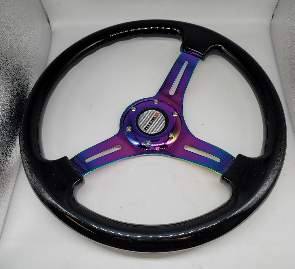 Brand New 350mm 14" Universal JDM Nismo Logo Deep Dish ABS Racing Steering Wheel Black With Neo-Chrome Spoke