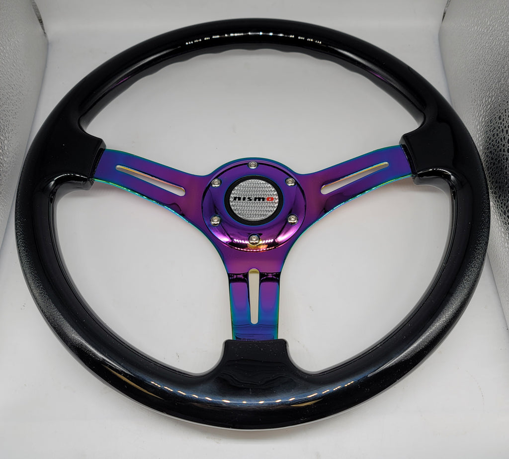 Brand New 350mm 14" Universal JDM Nismo Logo Deep Dish ABS Racing Steering Wheel Black With Neo-Chrome Spoke