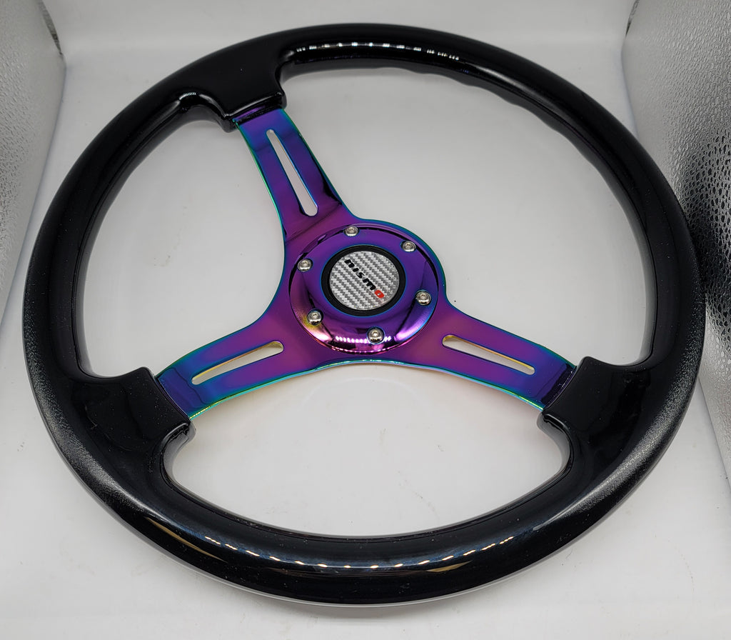 Brand New 350mm 14" Universal JDM Nismo Logo Deep Dish ABS Racing Steering Wheel Black With Neo-Chrome Spoke