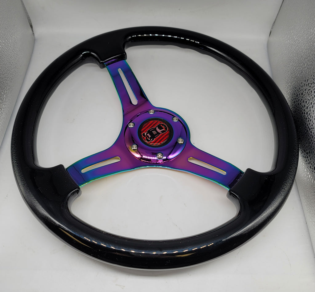 Brand New 350mm 14" Universal JDM Mugen Racer Logo Deep Dish ABS Racing Steering Wheel Black With Neo-Chrome Spoke