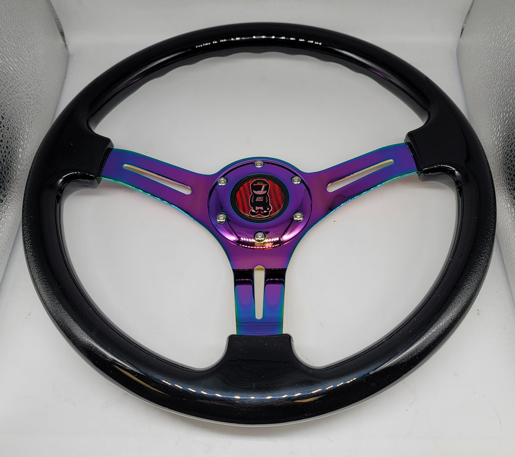 Brand New 350mm 14" Universal JDM Mugen Racer Logo Deep Dish ABS Racing Steering Wheel Black With Neo-Chrome Spoke