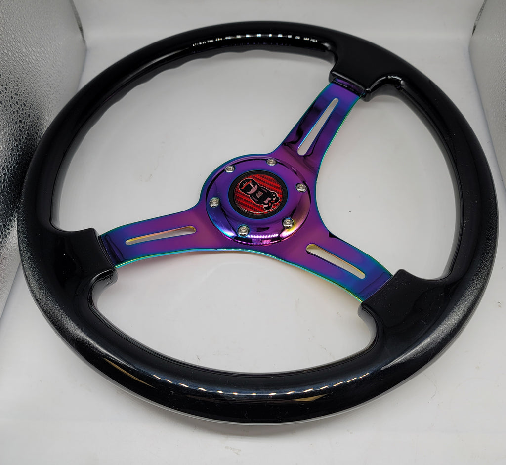 Brand New 350mm 14" Universal JDM Mugen Racer Logo Deep Dish ABS Racing Steering Wheel Black With Neo-Chrome Spoke