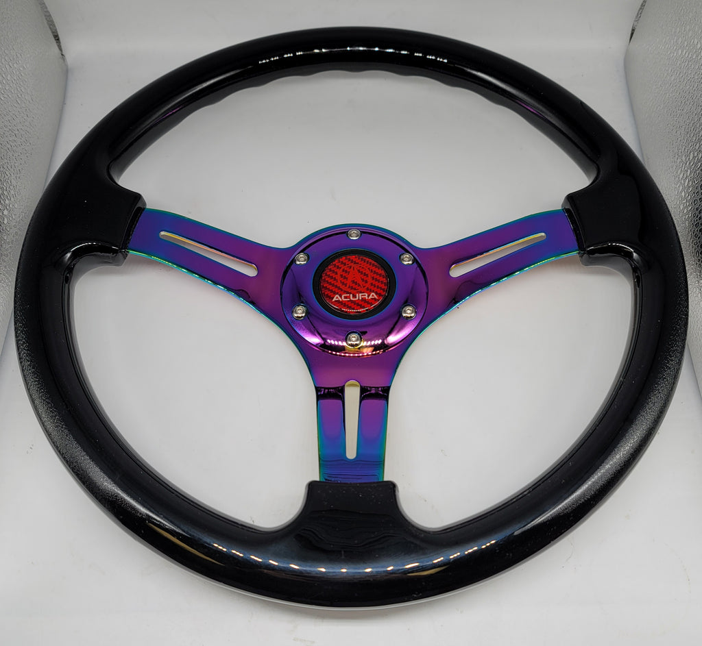 Brand New 350mm 14" Universal JDM Acura Logo Deep Dish ABS Racing Steering Wheel Black With Neo-Chrome Spoke