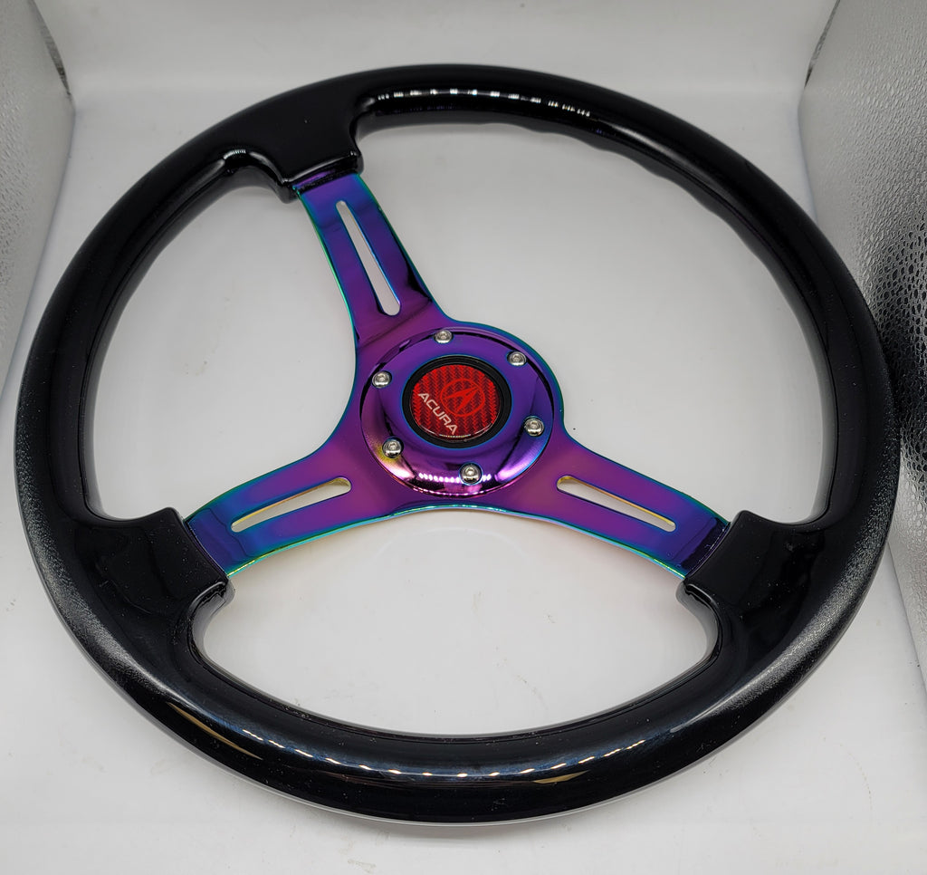 Brand New 350mm 14" Universal JDM Acura Logo Deep Dish ABS Racing Steering Wheel Black With Neo-Chrome Spoke
