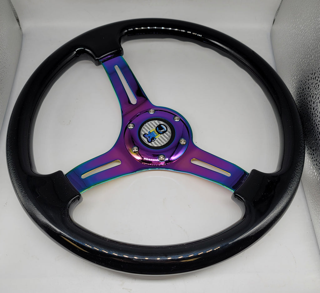 Brand New 350mm 14" Universal JDM Spoon Sports Racer Deep Dish ABS Racing Steering Wheel Black With Neo-Chrome Spoke