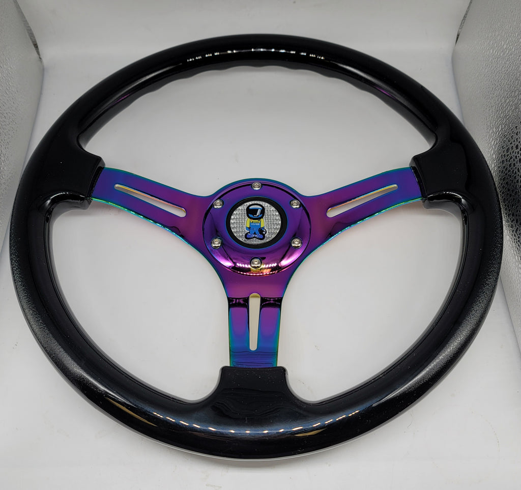 Brand New 350mm 14" Universal JDM Spoon Sports Racer Deep Dish ABS Racing Steering Wheel Black With Neo-Chrome Spoke