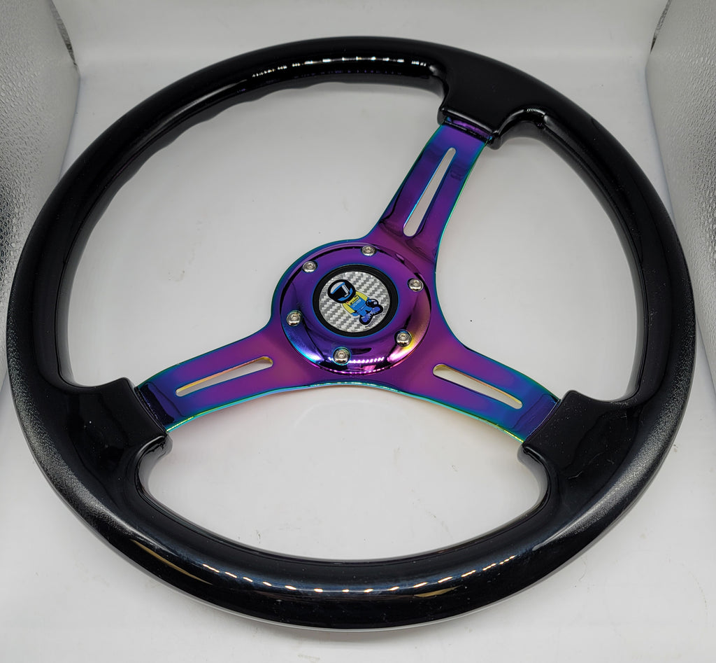 Brand New 350mm 14" Universal JDM Spoon Sports Racer Deep Dish ABS Racing Steering Wheel Black With Neo-Chrome Spoke