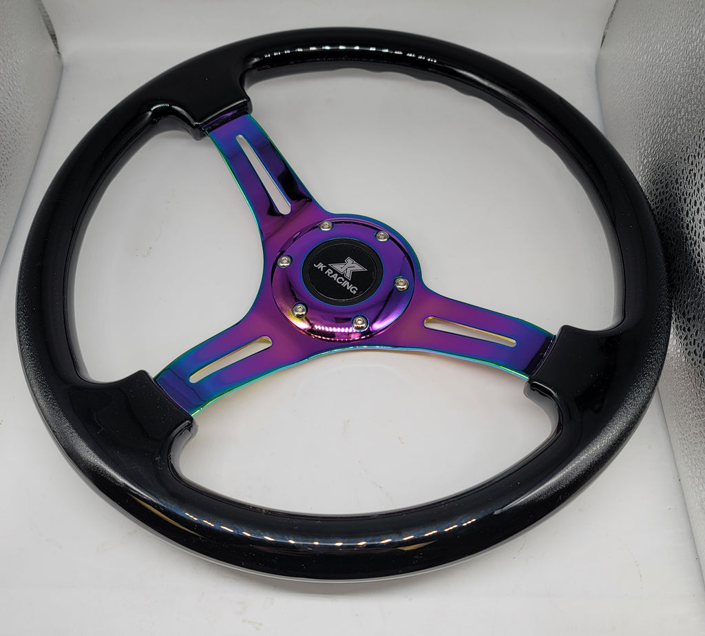 Brand New 350mm 14" Universal JK RACING Deep Dish ABS Racing Steering Wheel Black With Neo-Chrome Spoke