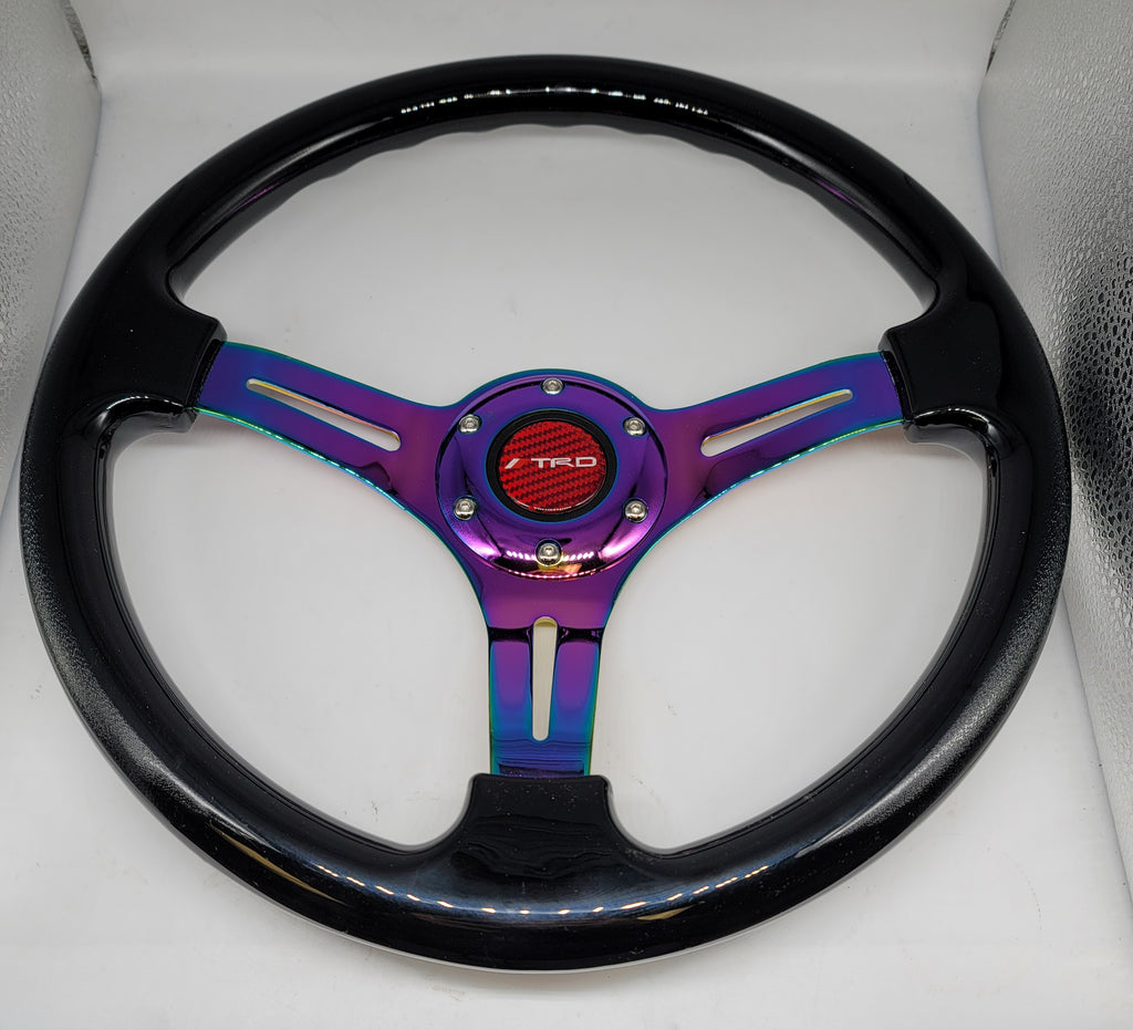 Brand New 350mm 14" Universal TRD Deep Dish ABS Racing Steering Wheel Black With Neo-Chrome Spoke