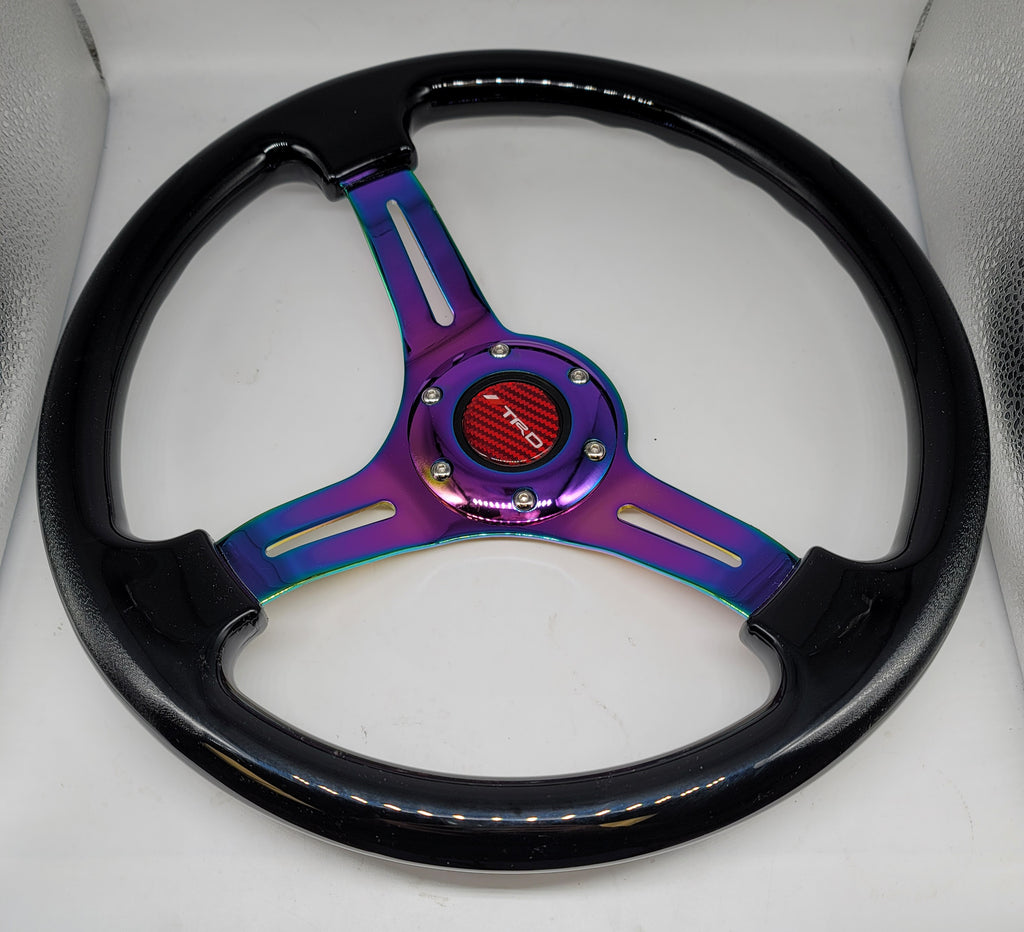 Brand New 350mm 14" Universal TRD Deep Dish ABS Racing Steering Wheel Black With Neo-Chrome Spoke