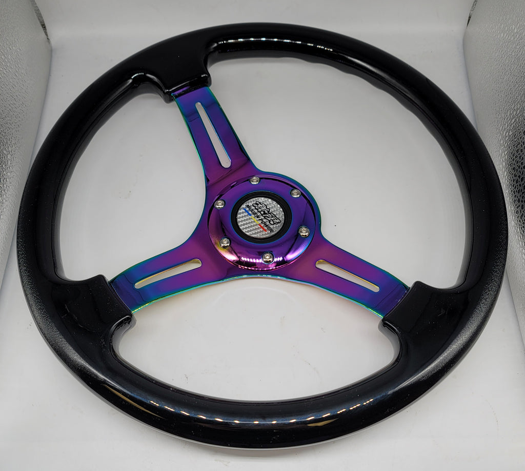 Brand New 350mm 14" Universal Mugen Deep Dish ABS Racing Steering Wheel Black With Neo-Chrome Spoke