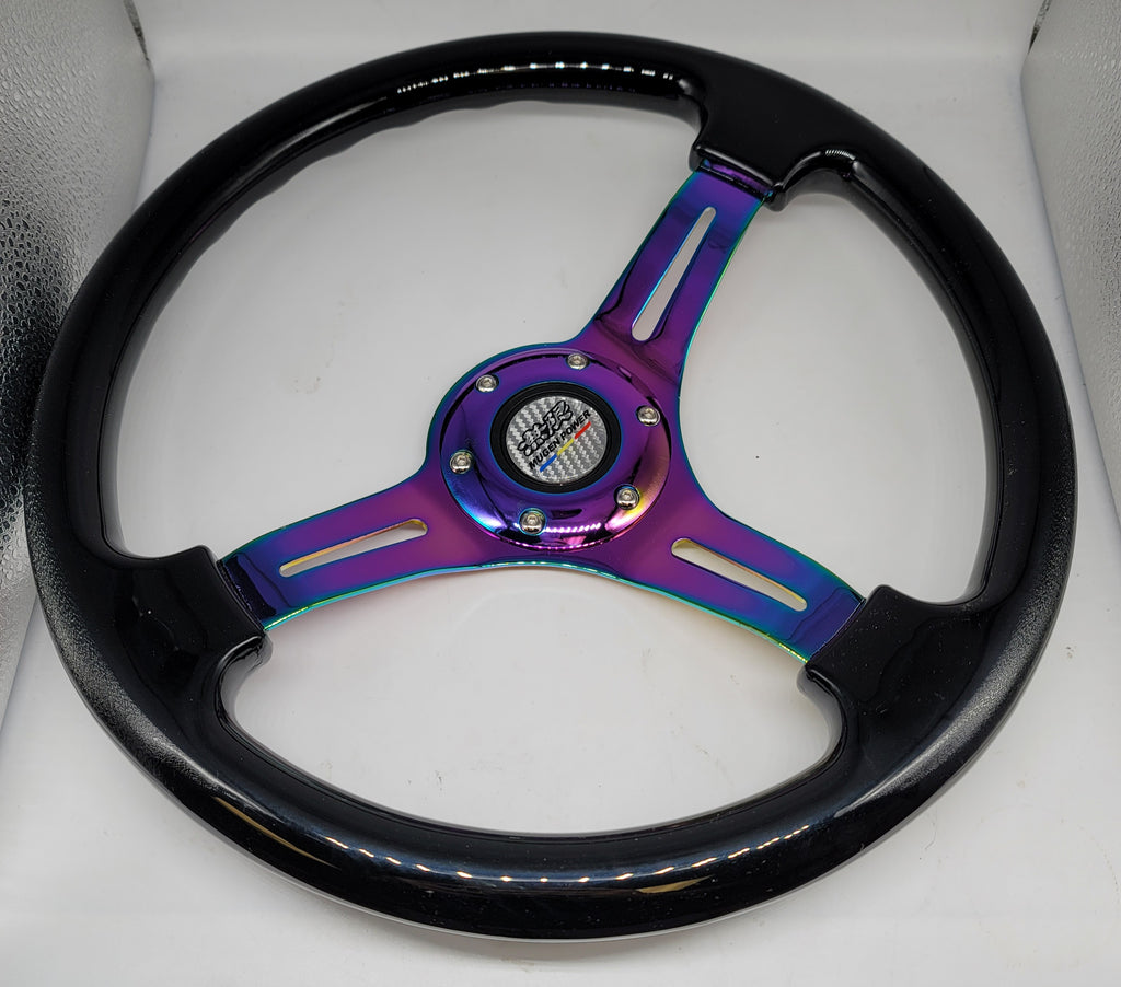 Brand New 350mm 14" Universal Mugen Deep Dish ABS Racing Steering Wheel Black With Neo-Chrome Spoke