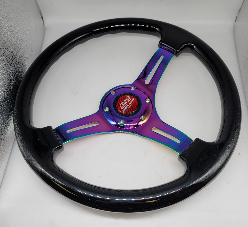 Brand New 350mm 14" Universal Mugen Deep Dish ABS Racing Steering Wheel Black With Neo-Chrome Spoke
