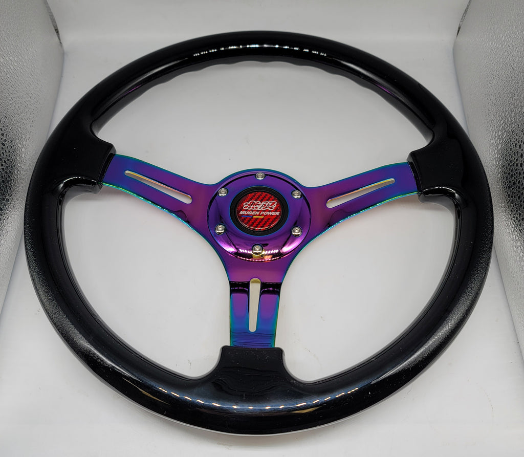 Brand New 350mm 14" Universal Mugen Deep Dish ABS Racing Steering Wheel Black With Neo-Chrome Spoke