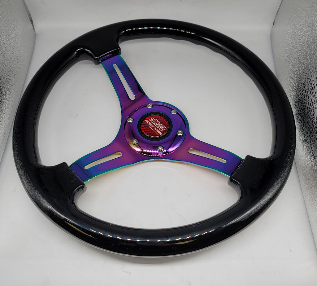 Brand New 350mm 14" Universal Mugen Deep Dish ABS Racing Steering Wheel Black With Neo-Chrome Spoke