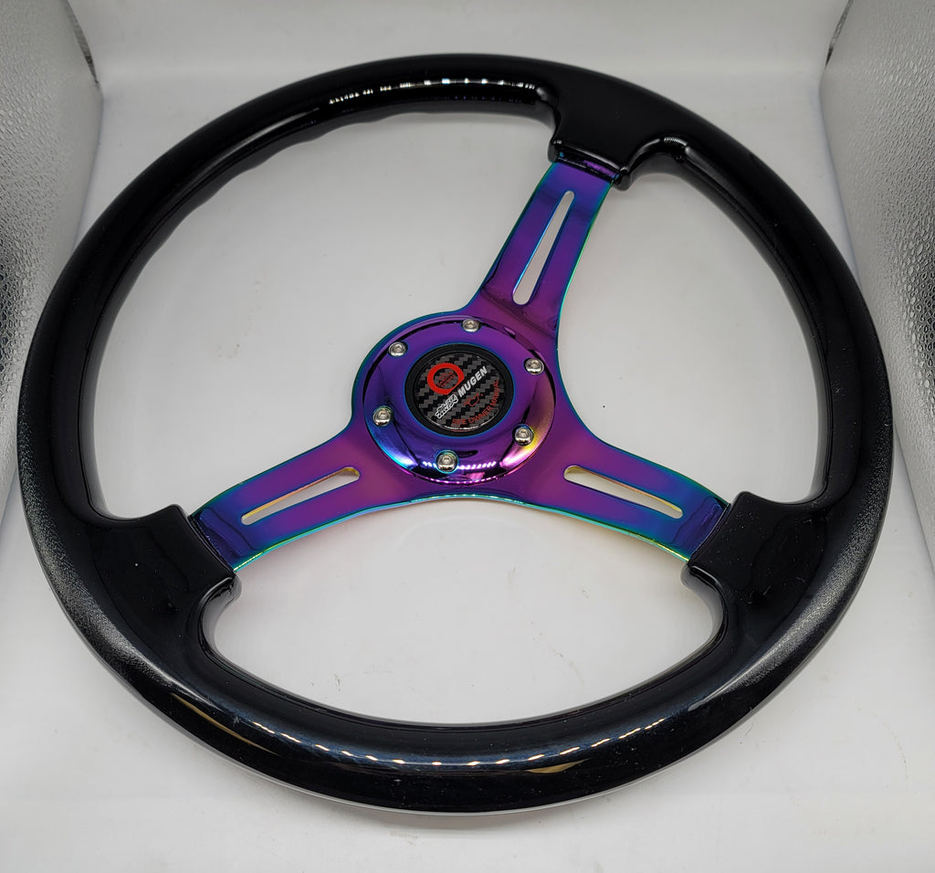 Brand New 350mm 14" Universal JDM Mugen Deep Dish ABS Racing Steering Wheel Black With Neo-Chrome Spoke