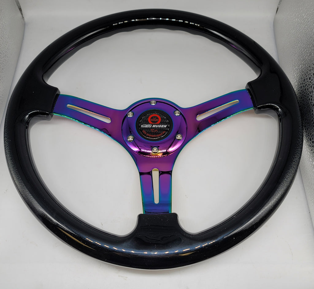 Brand New 350mm 14" Universal JDM Mugen Deep Dish ABS Racing Steering Wheel Black With Neo-Chrome Spoke
