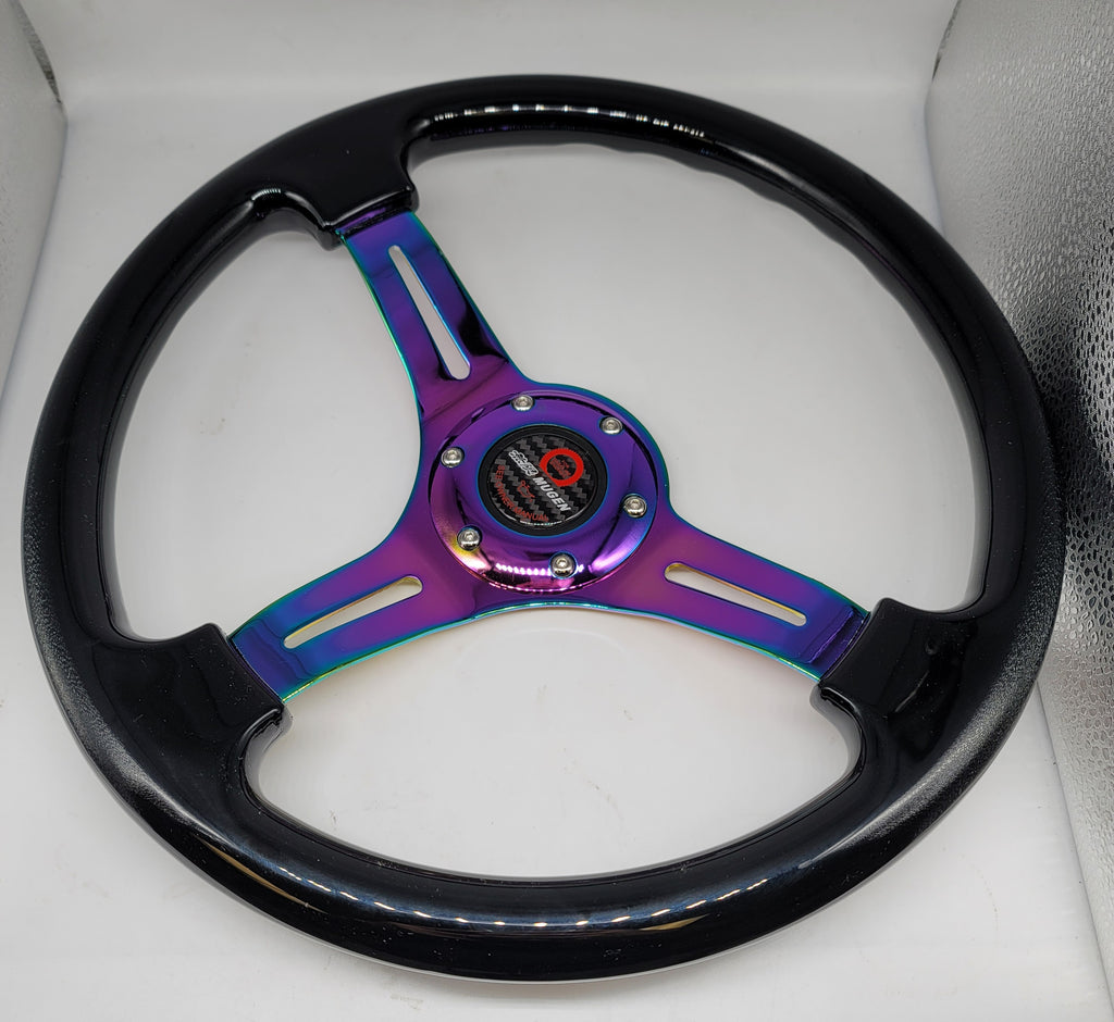 Brand New 350mm 14" Universal JDM Mugen Deep Dish ABS Racing Steering Wheel Black With Neo-Chrome Spoke