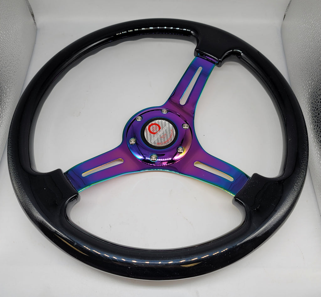 Brand New 350mm 14" Universal JDM Mugen Racer Deep Dish ABS Racing Steering Wheel Black With Neo-Chrome Spoke