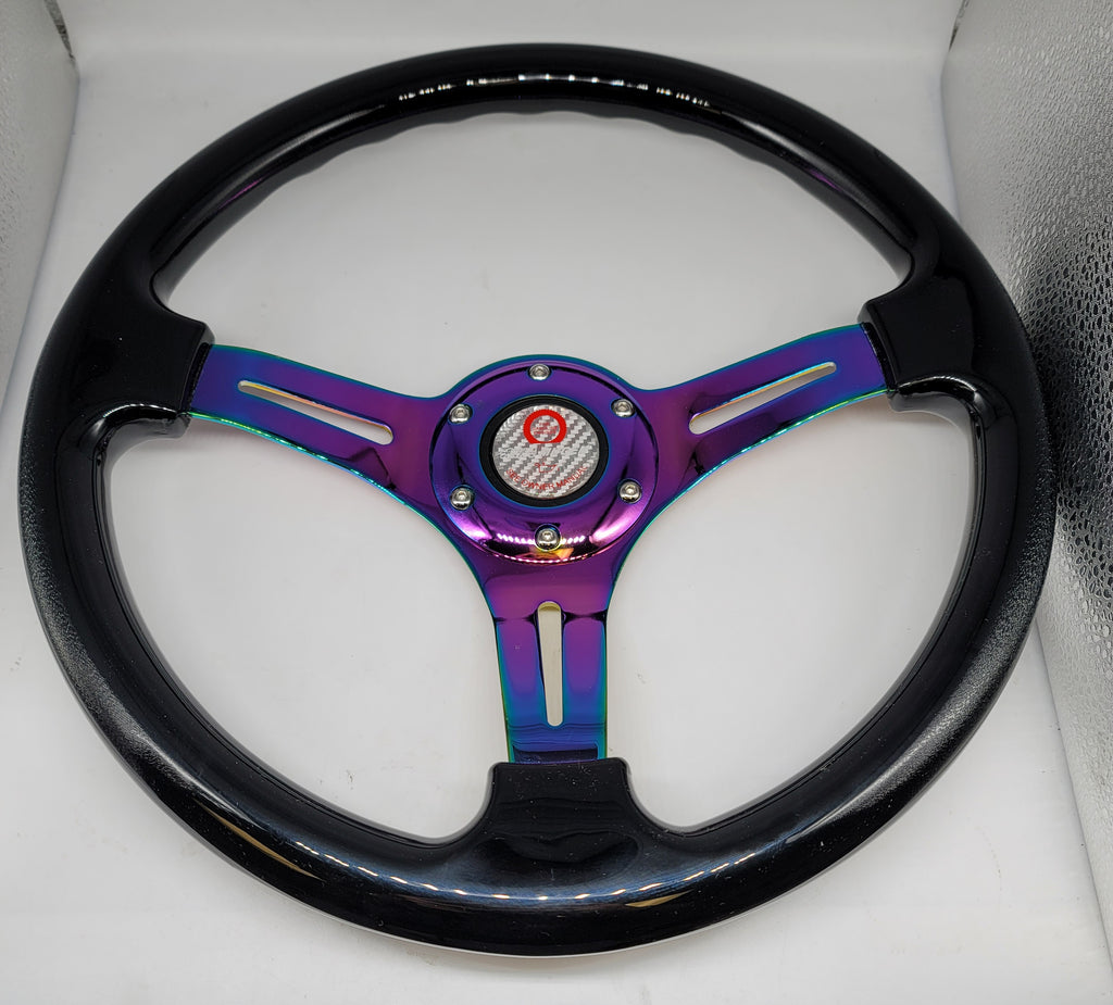 Brand New 350mm 14" Universal JDM Mugen Racer Deep Dish ABS Racing Steering Wheel Black With Neo-Chrome Spoke