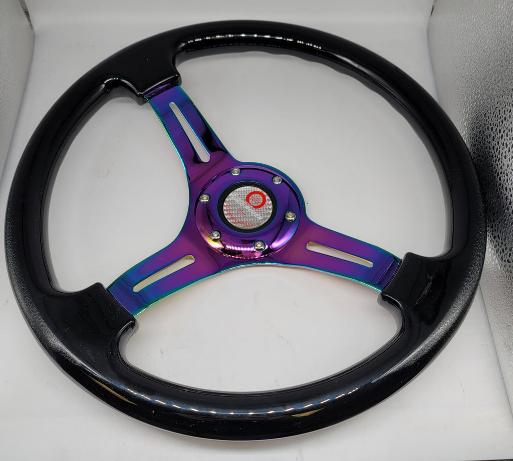 Brand New 350mm 14" Universal JDM Mugen Racer Deep Dish ABS Racing Steering Wheel Black With Neo-Chrome Spoke