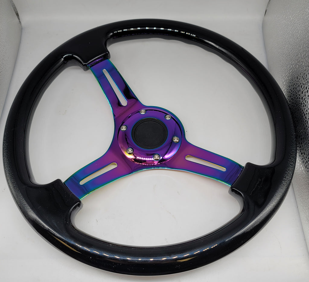 Brand New 350mm 14" Universal JDM Deep Dish ABS Racing Steering Wheel Black With Neo-Chrome Spoke