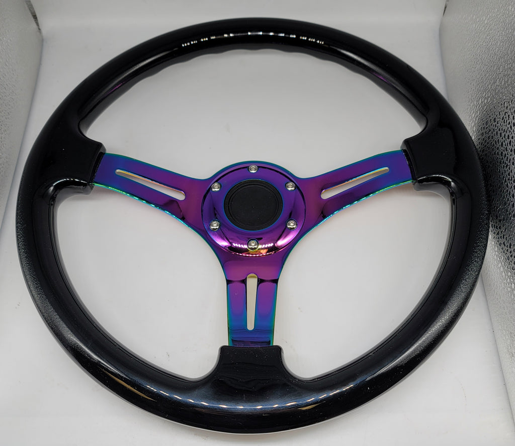 Brand New 350mm 14" Universal JDM Deep Dish ABS Racing Steering Wheel Black With Neo-Chrome Spoke