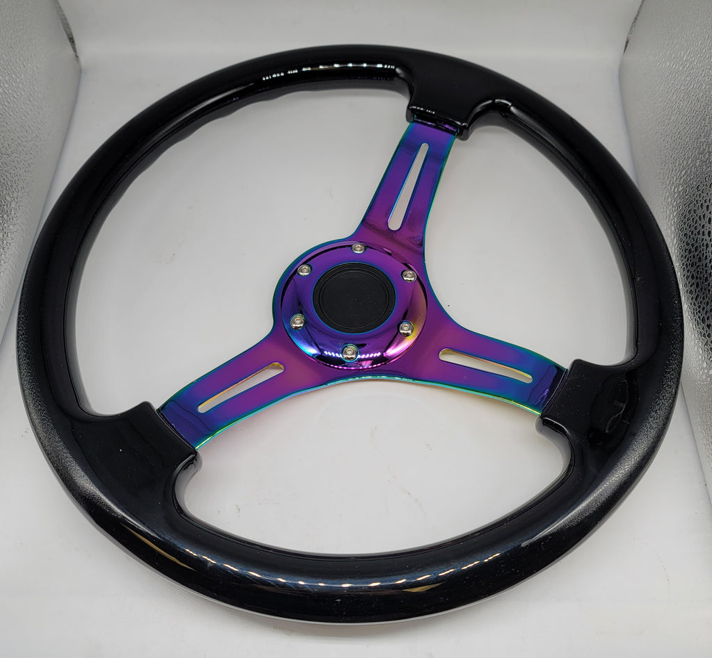 Brand New 350mm 14" Universal JDM Deep Dish ABS Racing Steering Wheel Black With Neo-Chrome Spoke