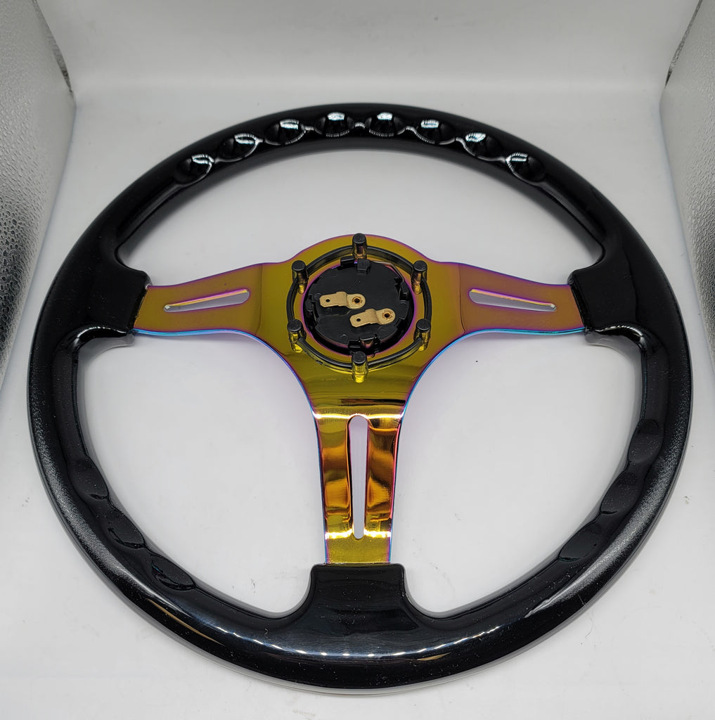 Brand New 350mm 14" Universal JDM Deep Dish ABS Racing Steering Wheel Black With Neo-Chrome Spoke