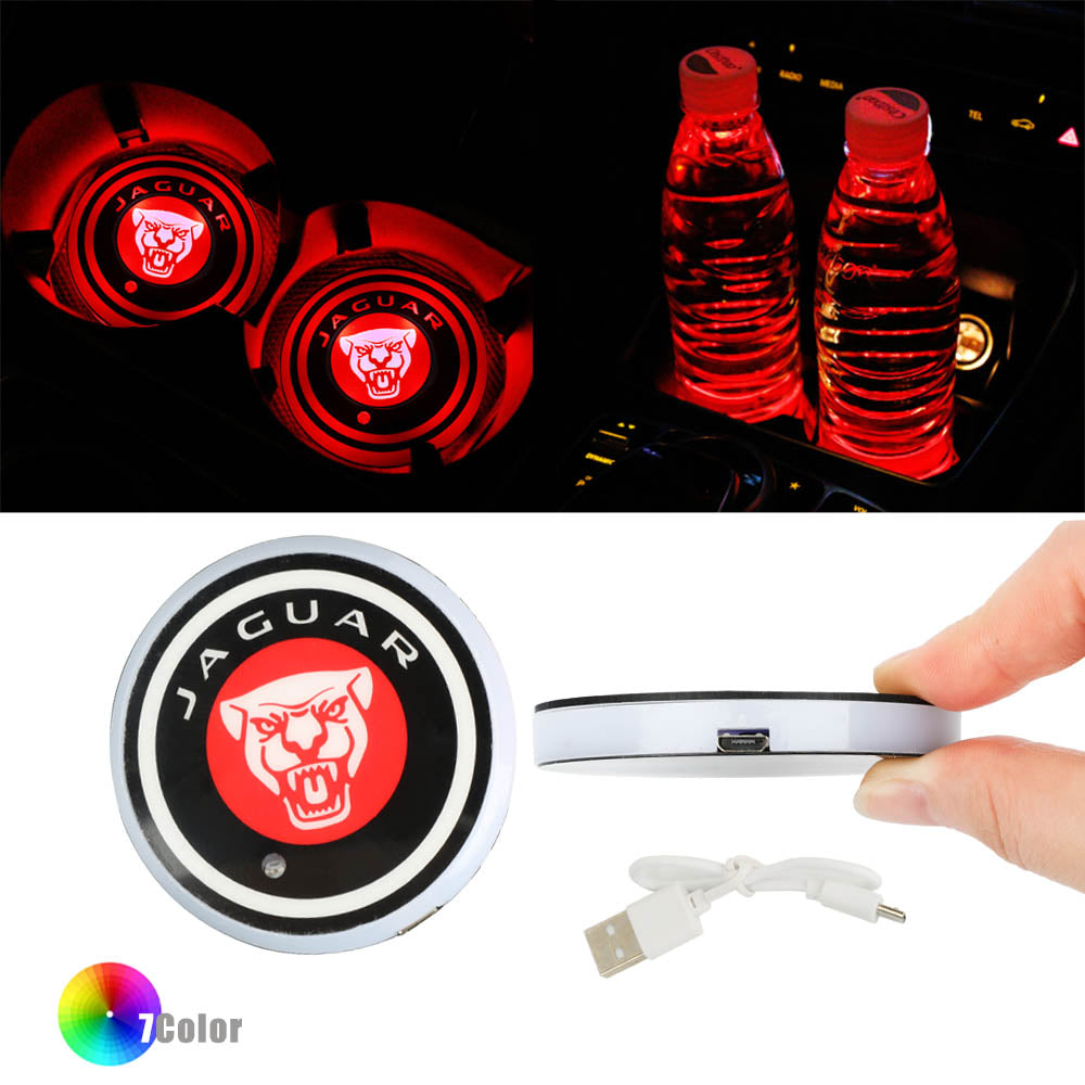 BRAND NEW UNIVERSAL V2 2PCS JAGUAR FACE Switchable Seven Colorful LED Car Cup Holder Mat Coaster Pad