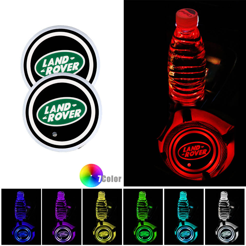 BRAND NEW UNIVERSAL V2 2PCS LAND ROVER Switchable Seven Colorful LED Car Cup Holder Mat Coaster Pad