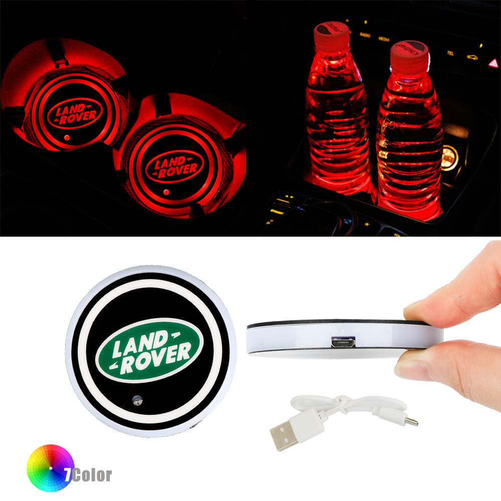 BRAND NEW UNIVERSAL V2 2PCS LAND ROVER Switchable Seven Colorful LED Car Cup Holder Mat Coaster Pad