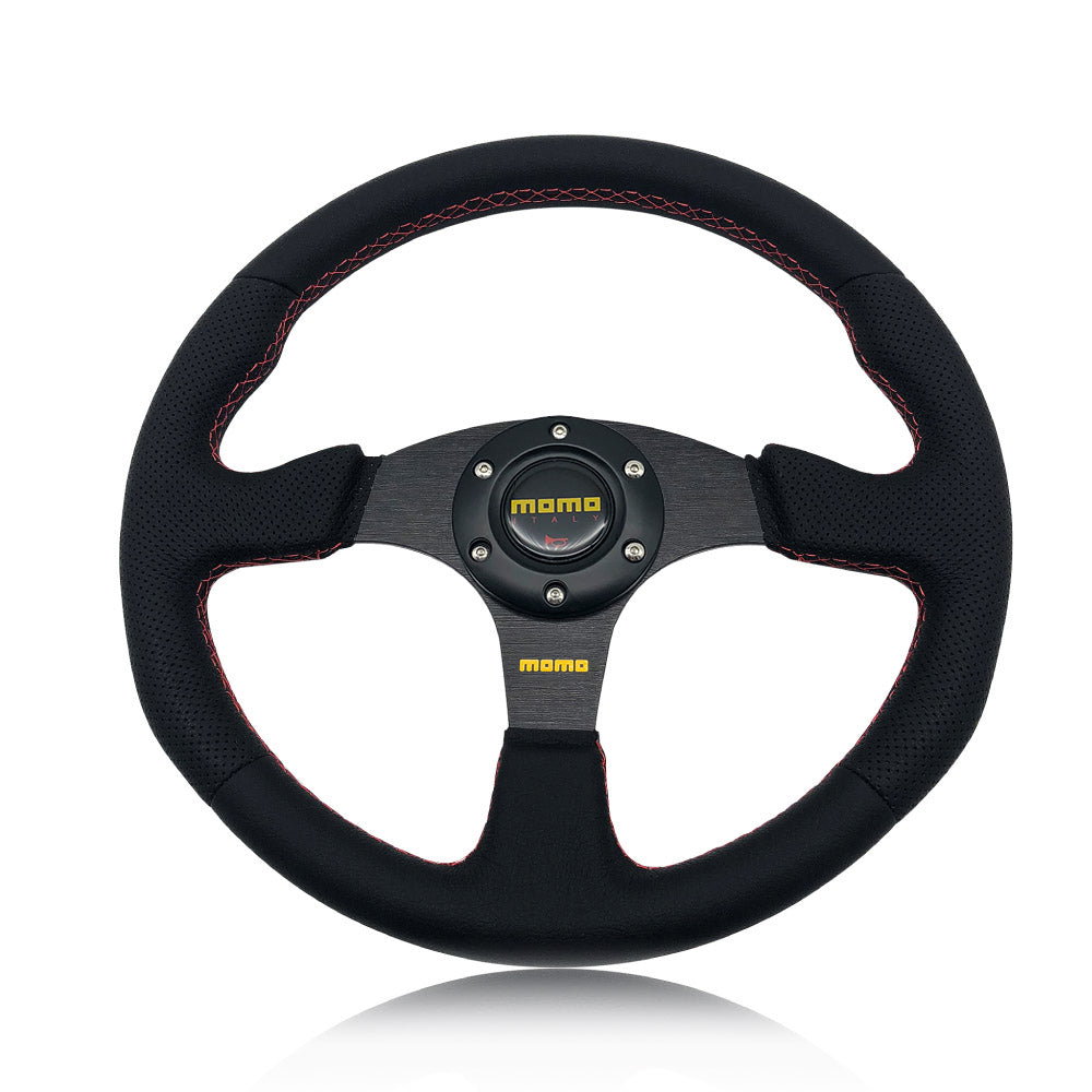 Brand New 14" MOMO Style Racing Black Stitching Leather PVC Sport Steering Wheel w Horn Button