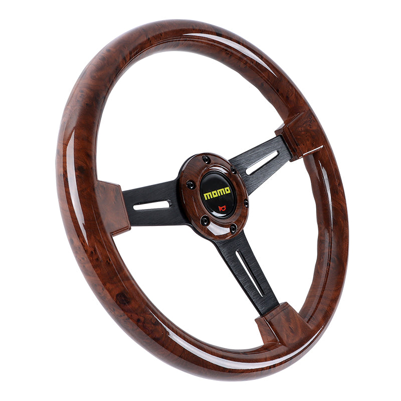 Brand New 350mm 14" Universal Momo Dark Wood ABS Racing Steering Wheel Black Spoke