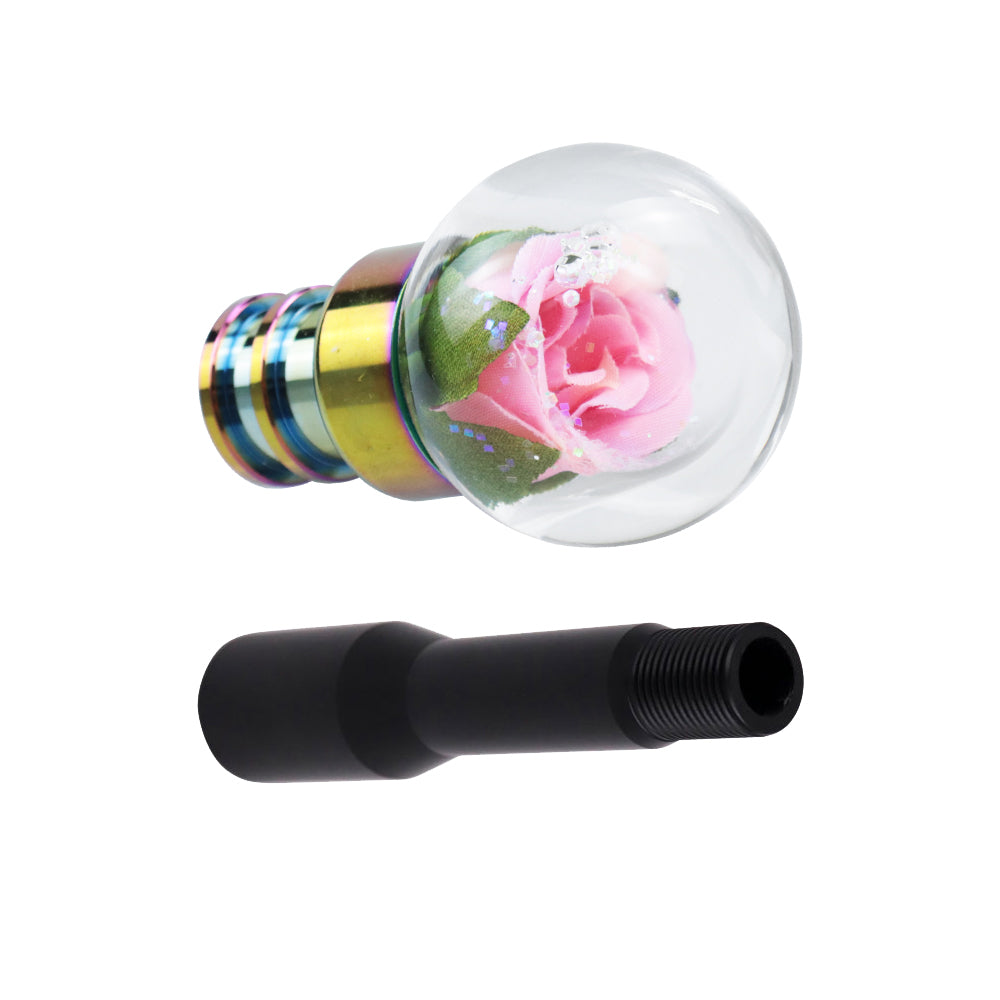 Brand New Universal Acrylic Clear Crystal Pink Rose Flower Ball Manuel Gear Stick Shift Knob M8 M10 M12 & Black Shifter Extender Extension