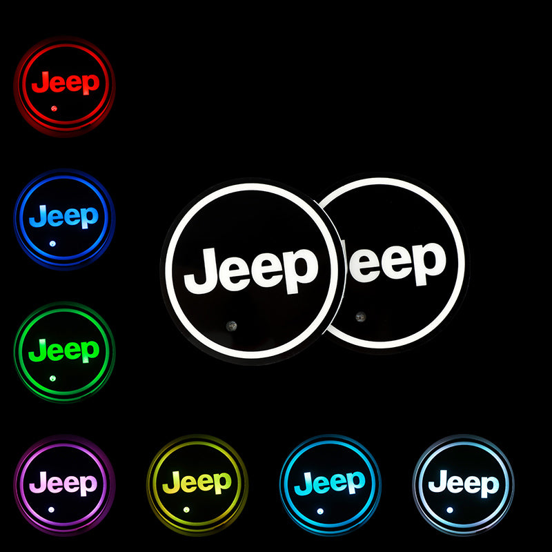 BRAND NEW UNIVERSAL 2PCS JEEP Switchable Seven Colorful LED Car Cup Holder Mat Coaster Pad