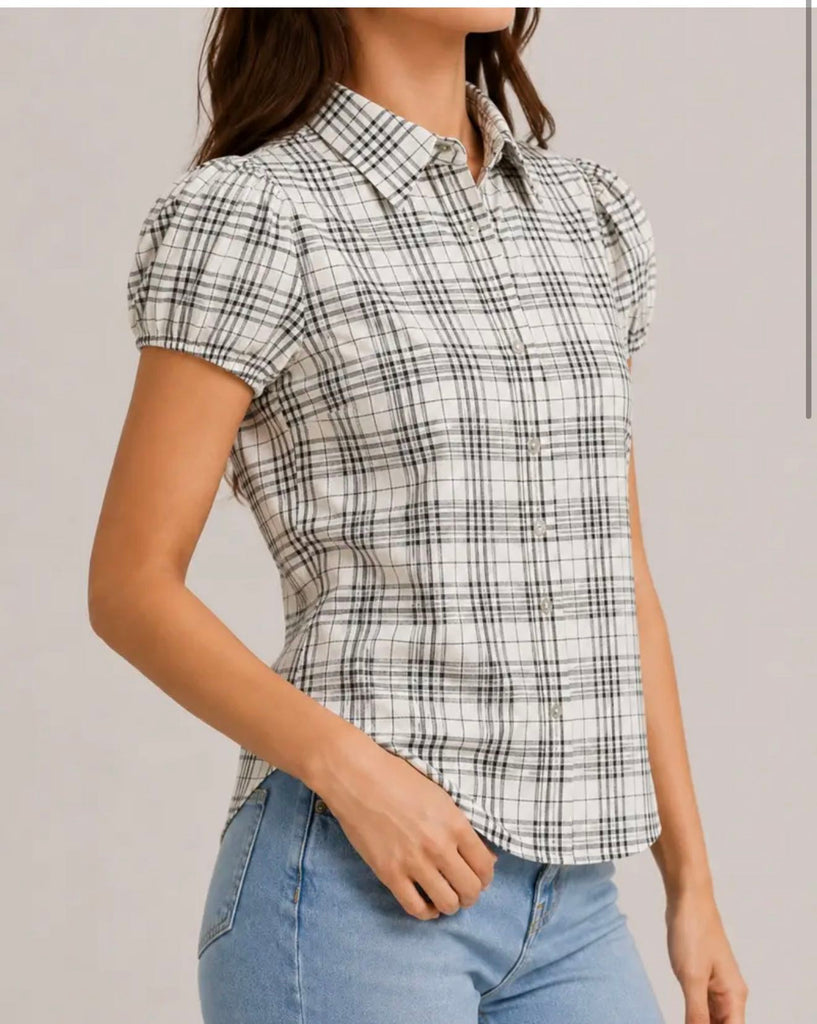 2026 New Women Vintage Plaid Shirt Short Sleeve Puff Sleeve Top Fashion Versatile Casual Blouse Limited Stock Hot Must Have Daily Outfit
