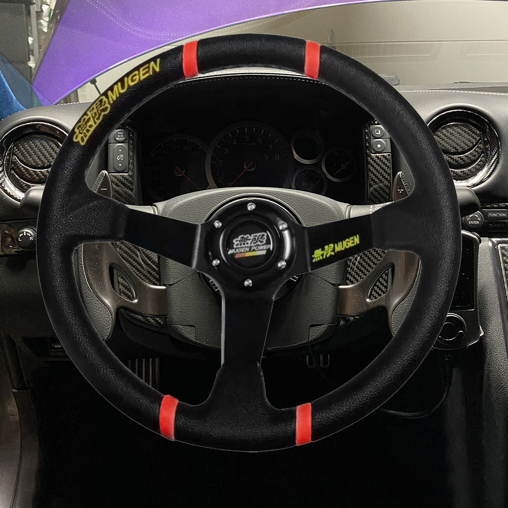 Brand New 350mm 14" Deep Dish Racing Mugen Black Steering Wheel PVC Leather Black Spoke