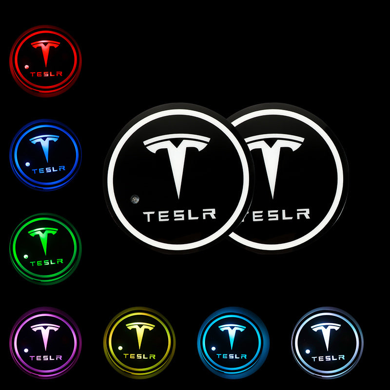 BRAND NEW UNIVERSAL 2PCS TESLA Switchable Seven Colorful LED Car Cup Holder Mat Coaster Pad