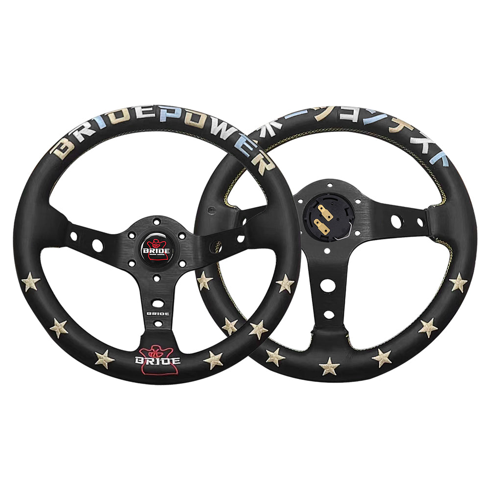 Brand New 13" Bride Power Racing Gold Stitching Leather Geniune Sport Steering Wheel w Horn Button