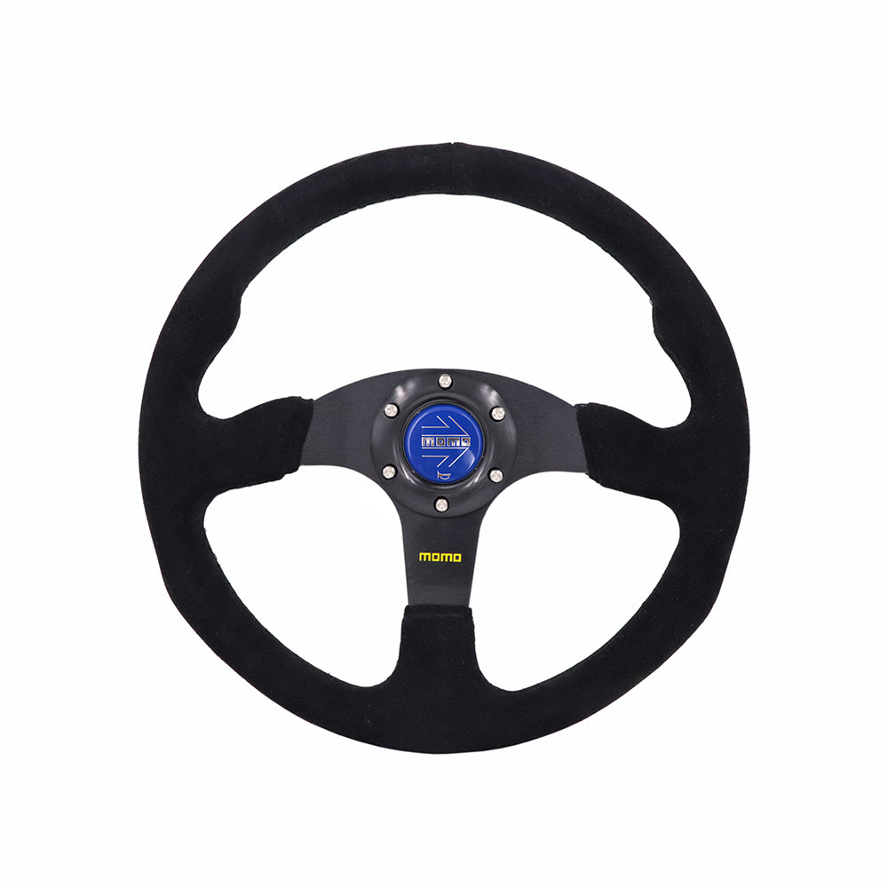 Brand New 14" MOMO Style Racing Black Stitching Leather Suede Sport Steering Wheel w Horn Button