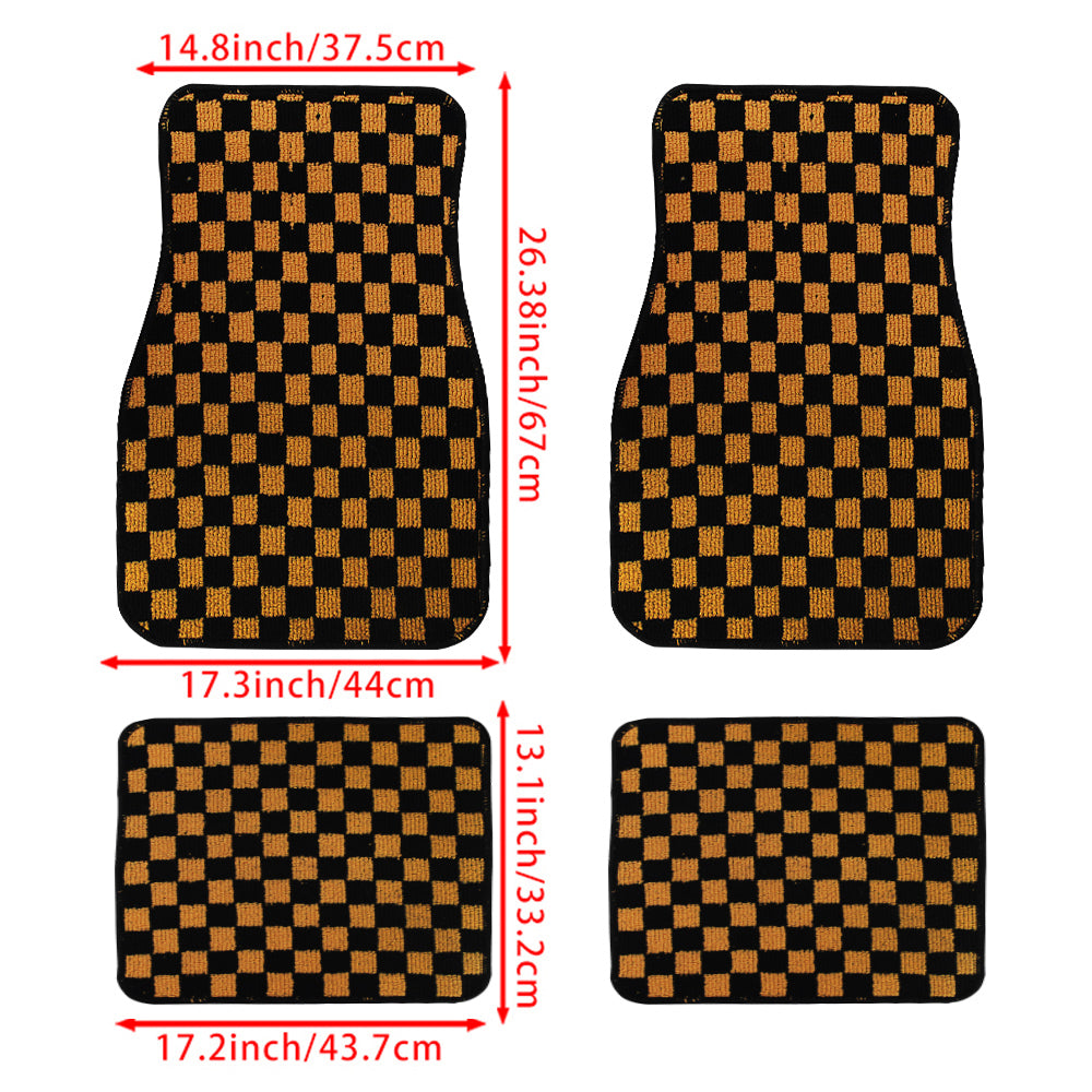 Brand New 4PCS UNIVERSAL CHECKERED ORANGE Racing Fabric Car Floor Mats Interior Carpets