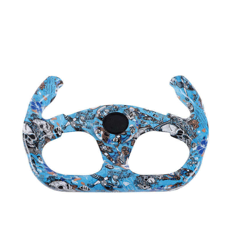 BRAND NEW UNIVERSAL 330MM Graphic Skull Look Yoke Style Acrylic 6 Holes Blue Steering Wheel w/Horn Button Cover