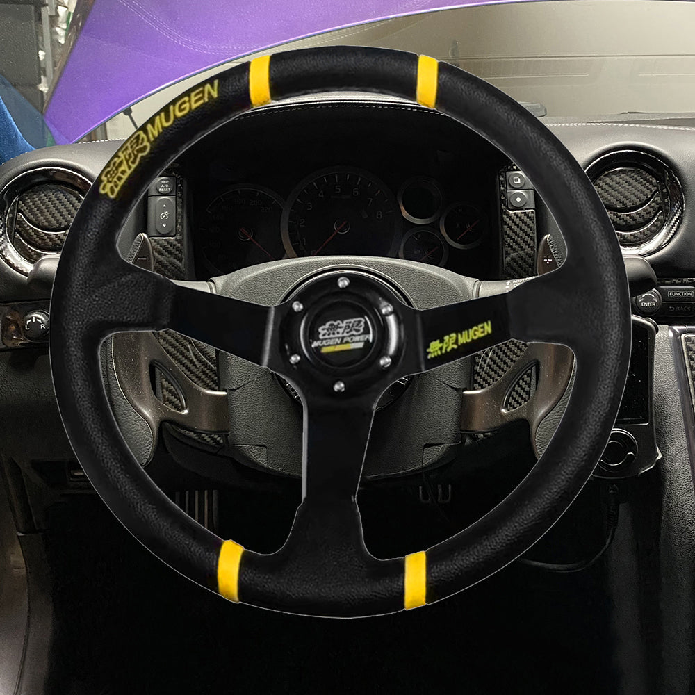 Brand New 350mm 14" Deep Dish Racing Mugen Black Steering Wheel PVC Leather Black Spoke