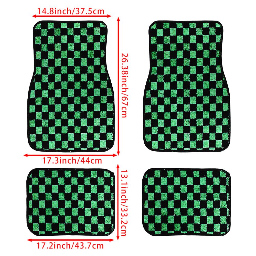 Brand New 4PCS UNIVERSAL CHECKERED Green Racing Fabric Car Floor Mats Interior Carpets