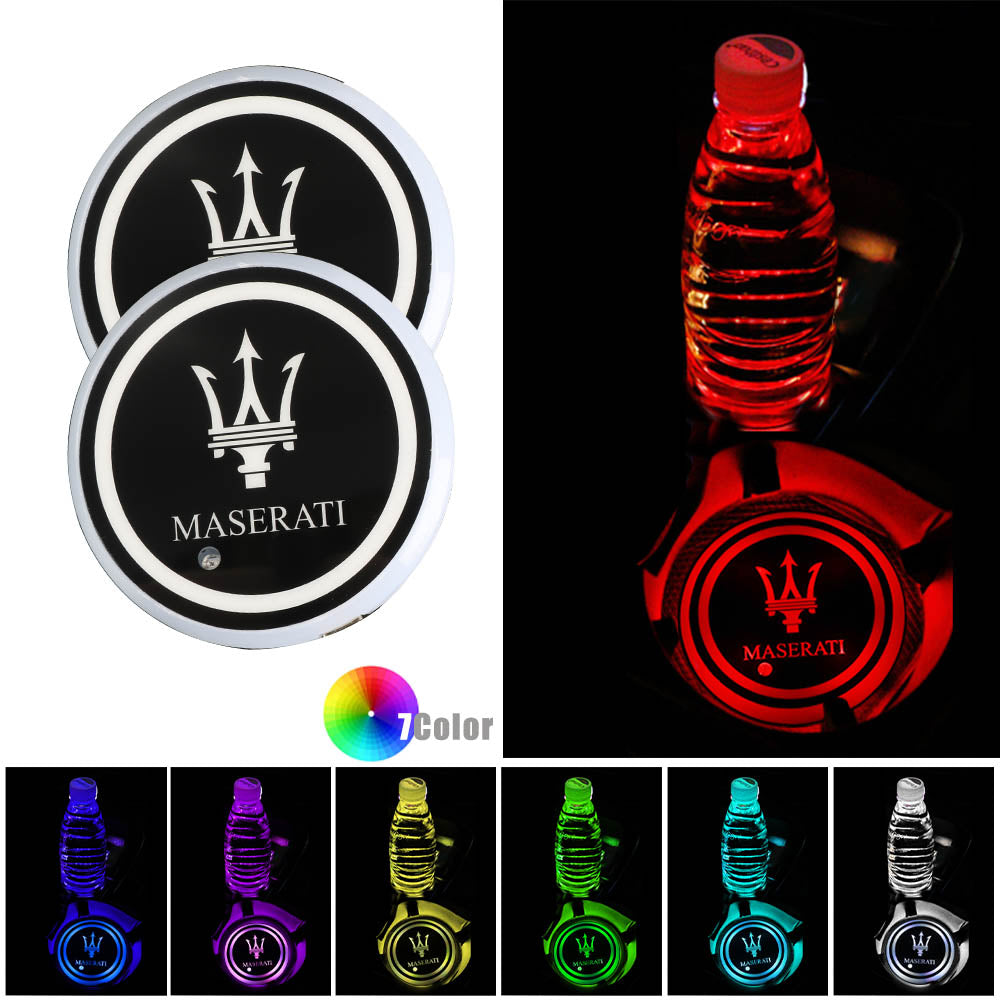 BRAND NEW UNIVERSAL V2 2PCS MASERATI Switchable Seven Colorful LED Car Cup Holder Mat Coaster Pad - JK Racing Inc