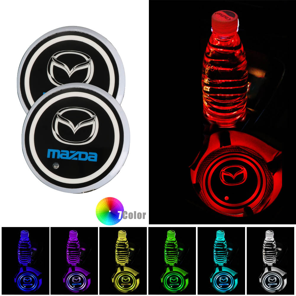 BRAND NEW UNIVERSAL V2 2PCS MAZDA Switchable Seven Colorful LED Car Cup Holder Mat Coaster Pad